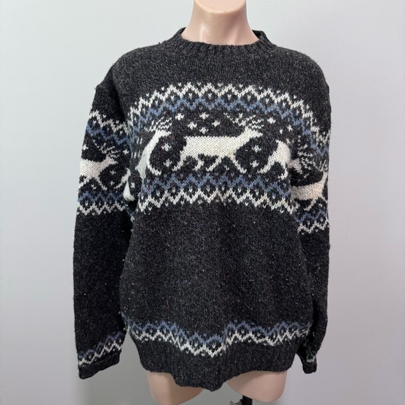 Northern Isles Wool Fair Isle Sweater Deer Moose Gray Made in USA Medium - Picture 1 of 5